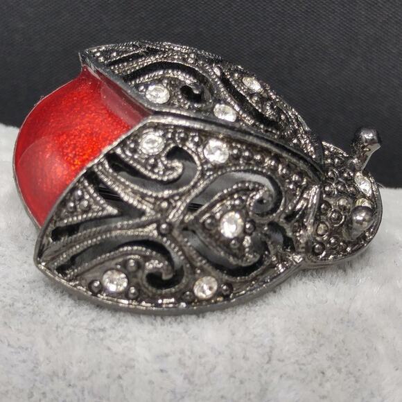 1928 Company Lady Bug Brooch, Red Enamel, Clear Rhinestones, Gunmetal Gray Pin - Picture 4 of 10